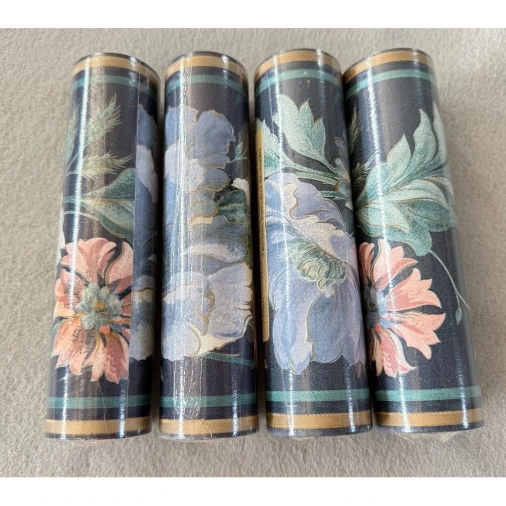 4 ROLLS VTG Wall BORDER Blue Floral Wallpaper PREPASTED 21.6 YARDS Cottagecore